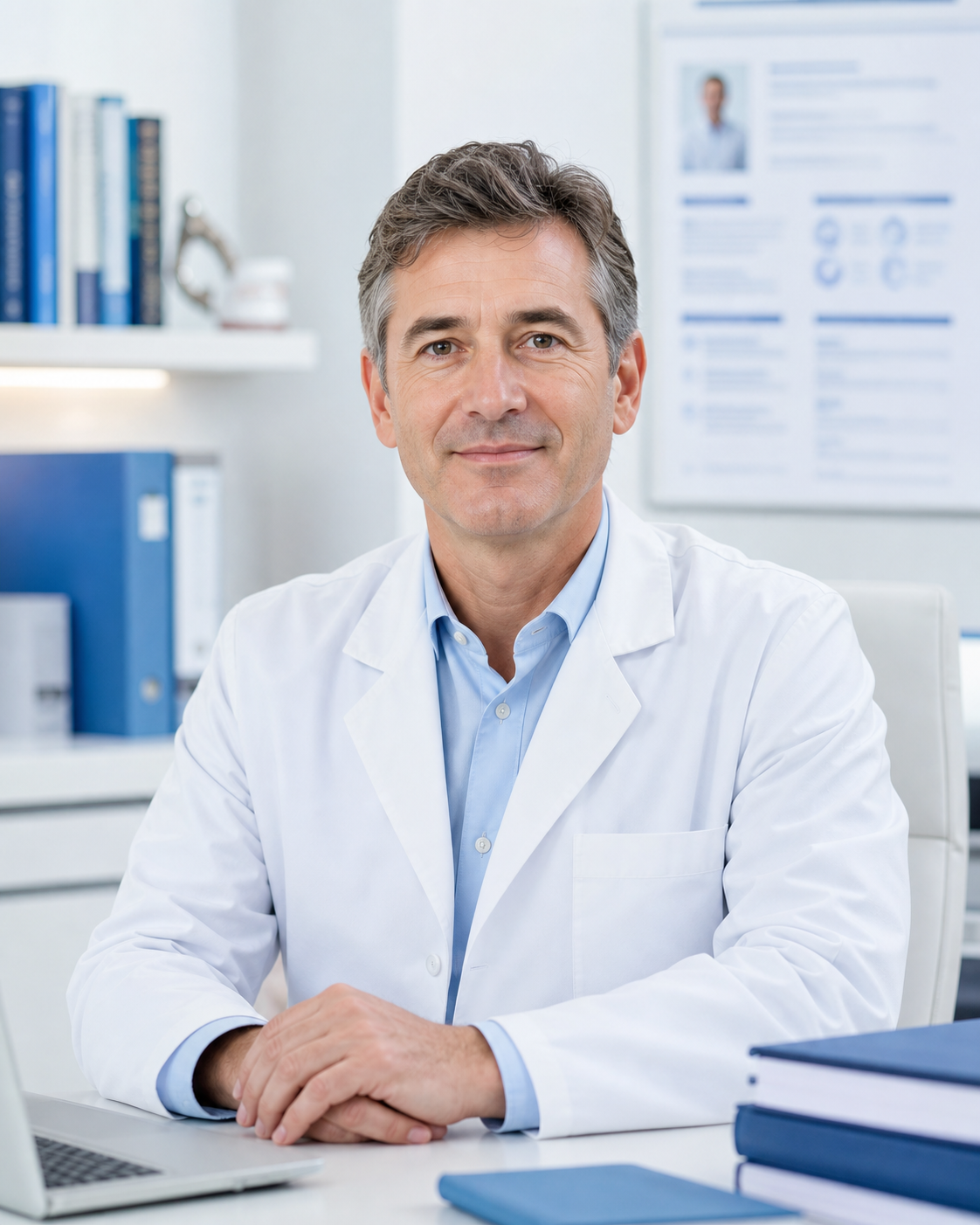 Professionelles Porträt von Dr. med. Sebastian Lenz mit angedeutetem Lebenslauf im Hintergrund