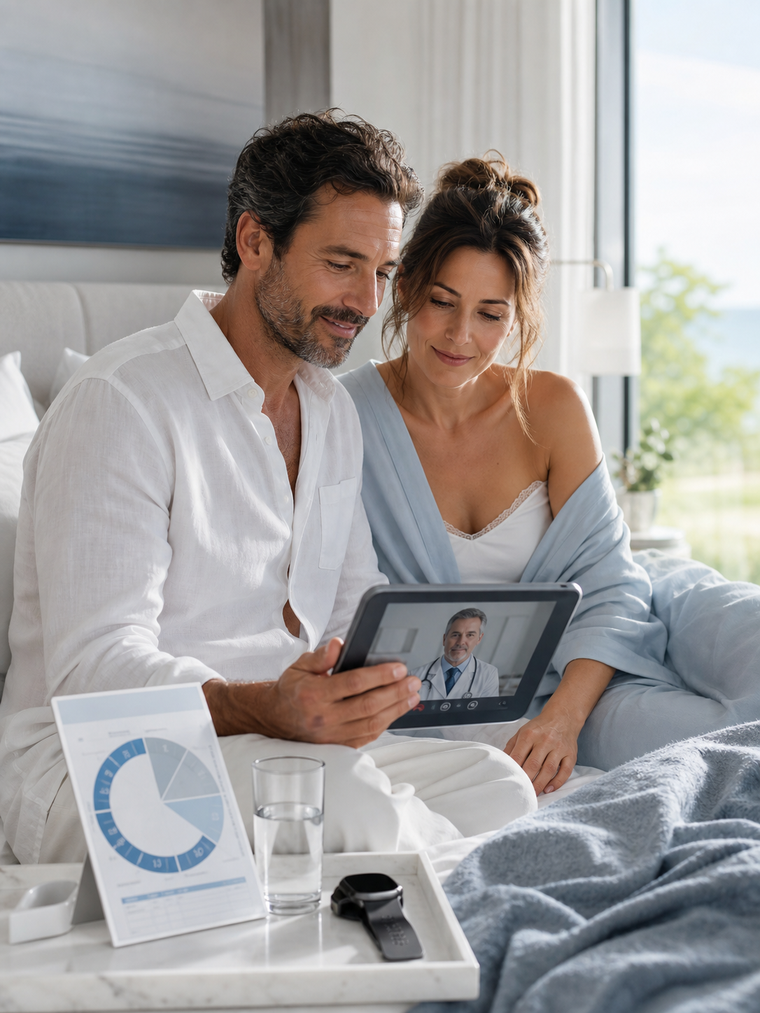 Erwachsenes Paar am Morgen mit Tablet für einen digitalen Arztbesuch und Fastenplan