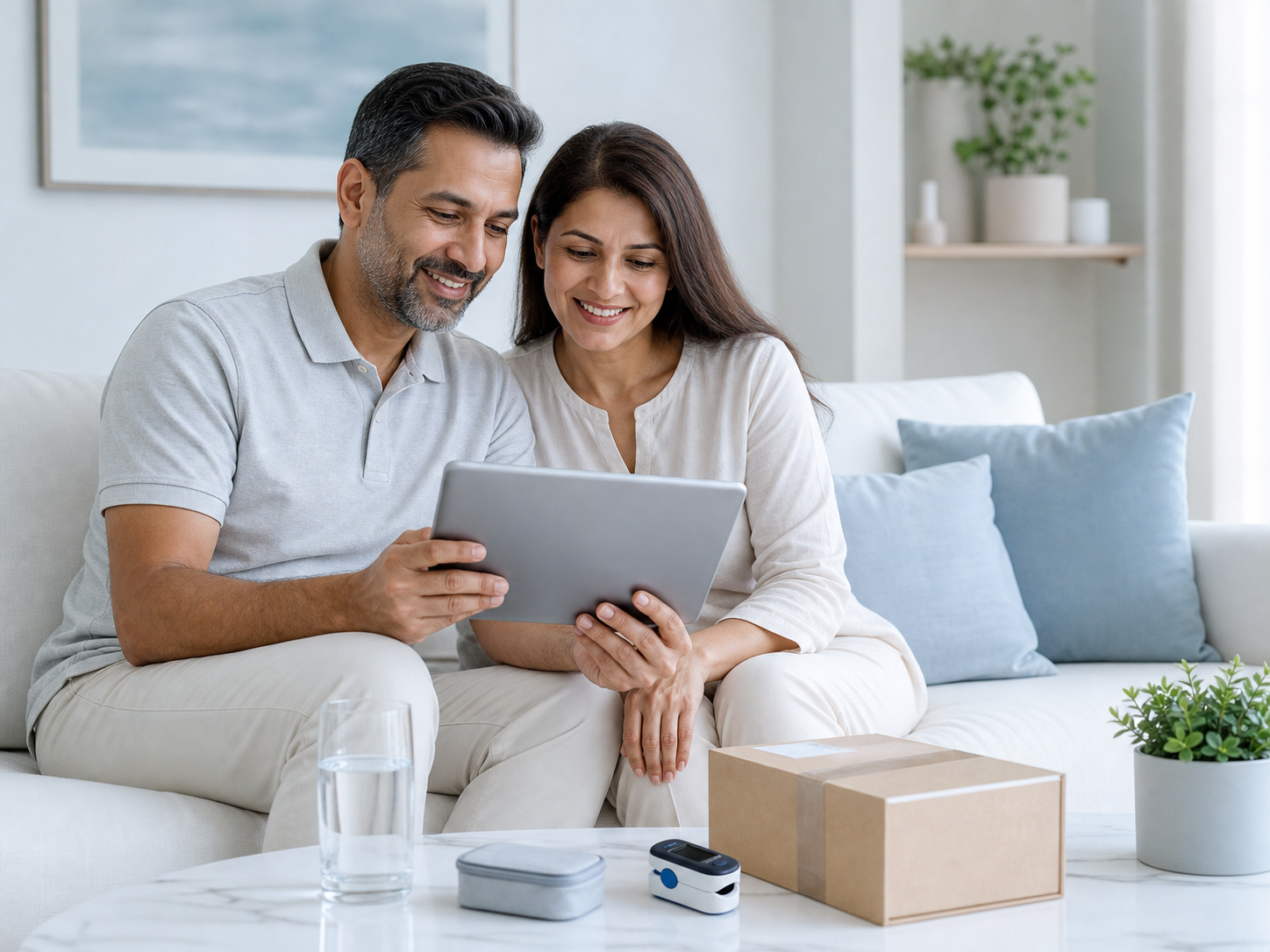 Paar bespricht Herz- und Blutdruckcheck auf einem Tablet in heller Wohnung