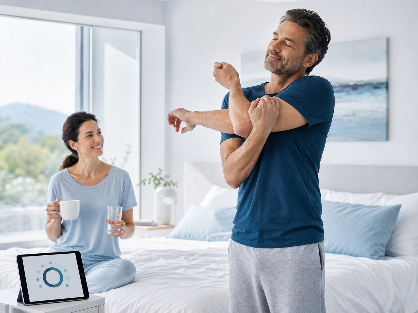 Mann dehnt sich am Morgen in einem hellen Schlafzimmer, Partnerin mit Wasser und Tablet im Hintergrund
