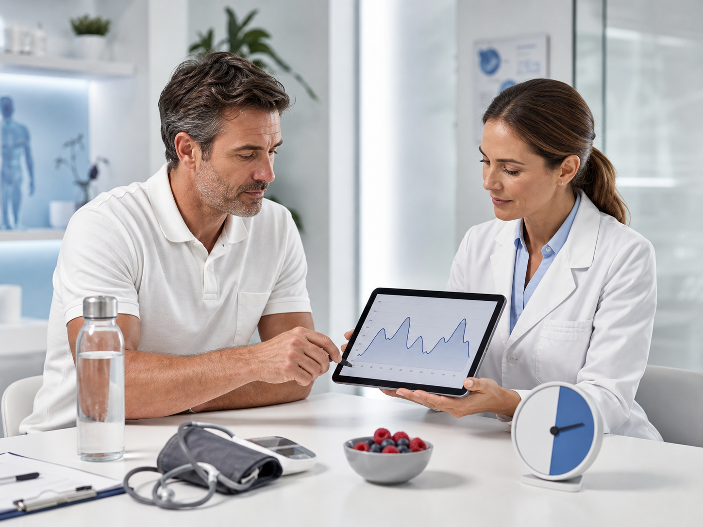 Arzt erklärt einem Mann Stoffwechselwerte und Fastenrhythmus an einem Tablet