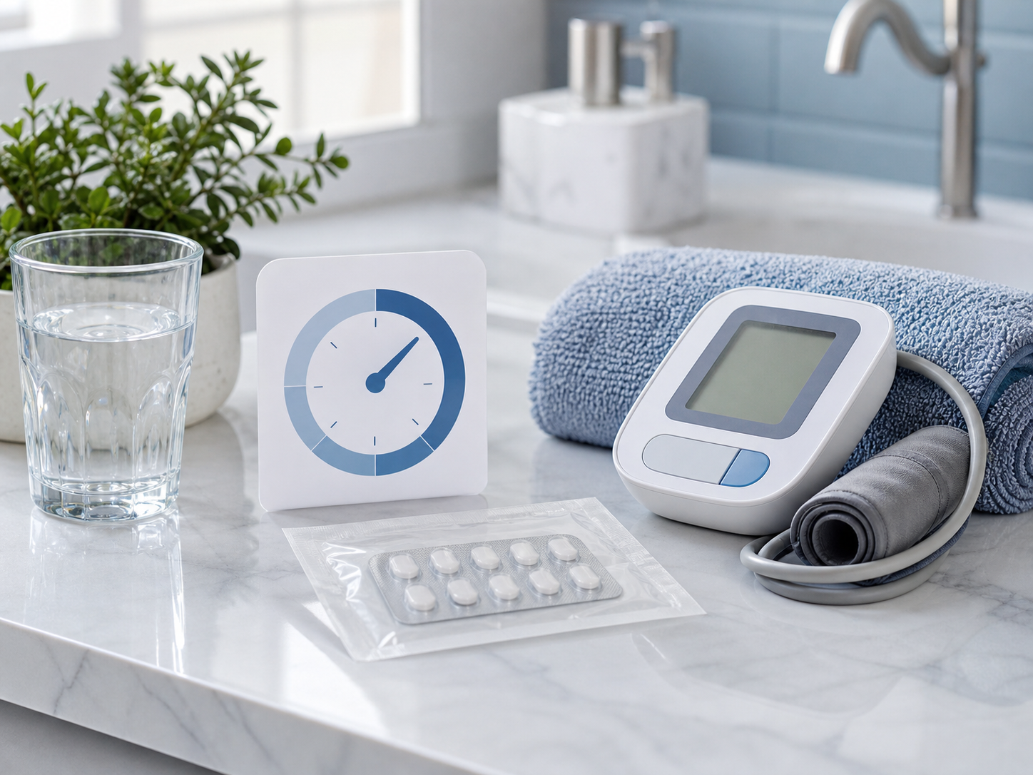 Neutrales Apothekenstillleben mit Blutdruckmessgerät, Wasser und Fastenuhr