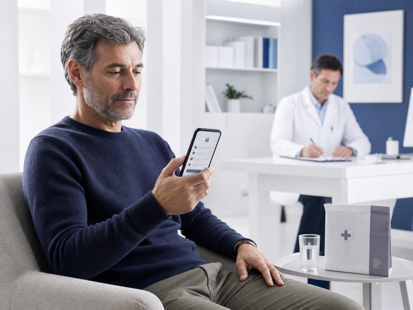 Mann nutzt in einer hellen Privatklinik einen digitalen Gesundheitsfragebogen auf dem Smartphone