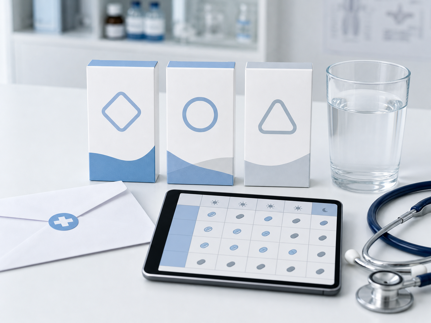 Unbranded Arzneimittelvergleich mit Tablet, Wasser und Stethoskop in klinischer Umgebung